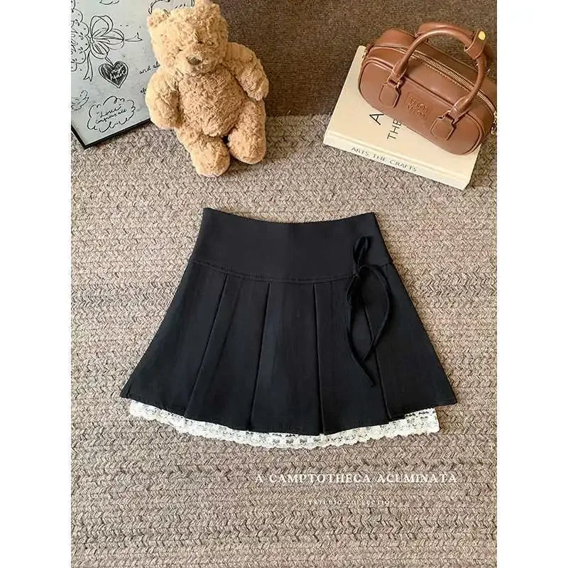 Plus Size Plus Size Women's Korean College Style Skirt with Butterfly Knot Lace Splicing A- Line Mini Skirt Half-length Skirt