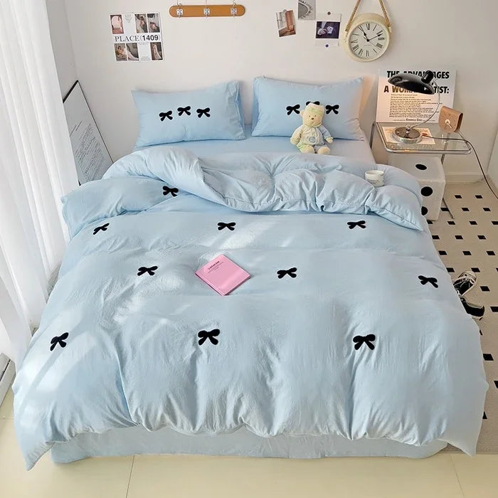 Girls Bedding Set with Bow Korean Breathable Duvet Cover No Filler Flat Sheet Pillowcases Mix Color Comforter Cover Set
