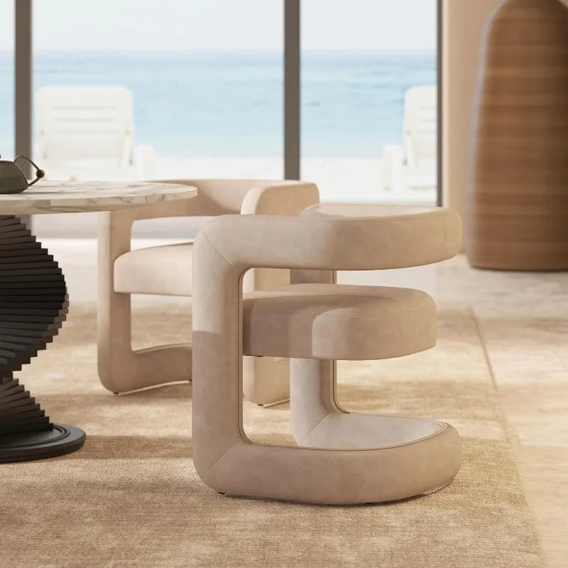 Modern Upholstered Barrel Dining Chair - Faux Leather Accent Vanity Chair with Open Back Comfy Armchair for Dining