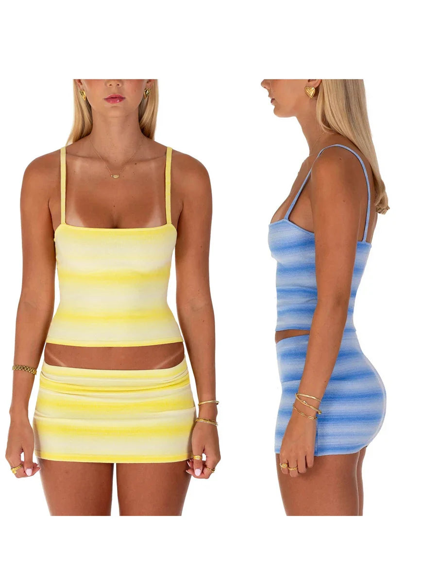 Women's 2 Pieces Summer Skirt Sets Gradient Striped Square Neck Sleeveless Crop Cami Tops Low Waist Mini Skirt