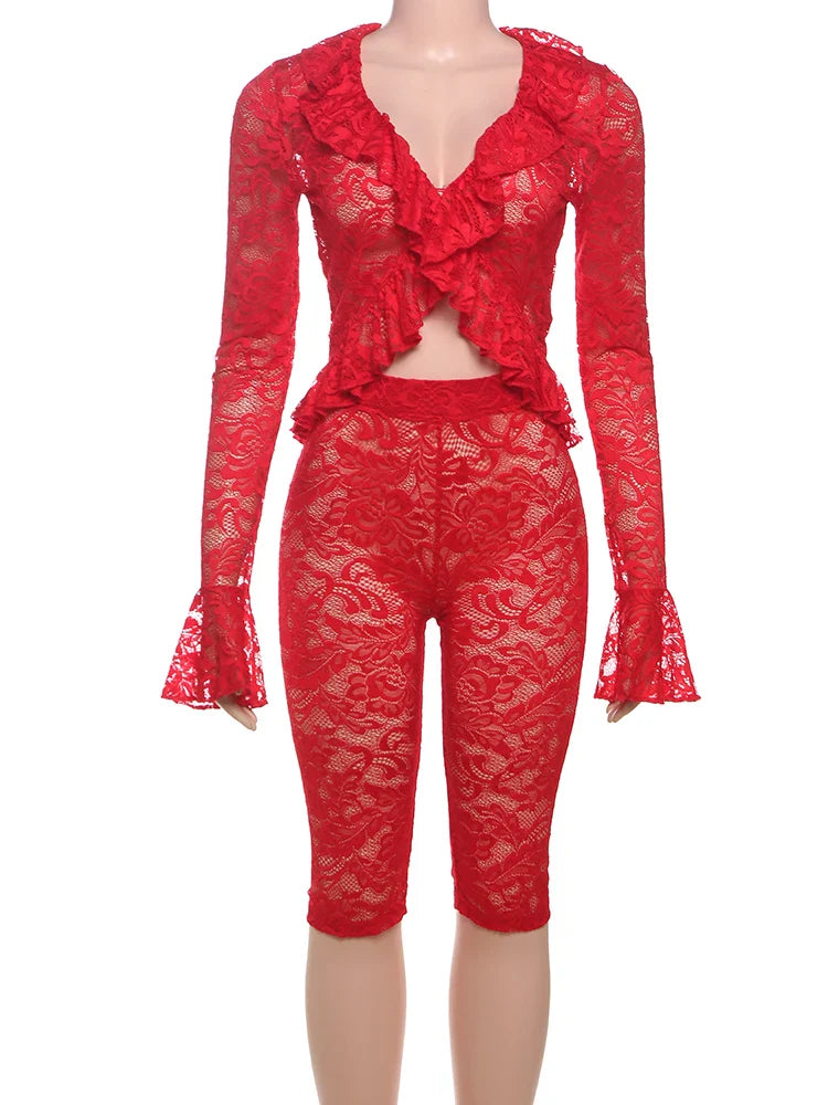 Jacquard Sexy Women 2 Piece Set Coquette Full Sleeve Ruffles Crop Tops+Bike Shorts Outfit