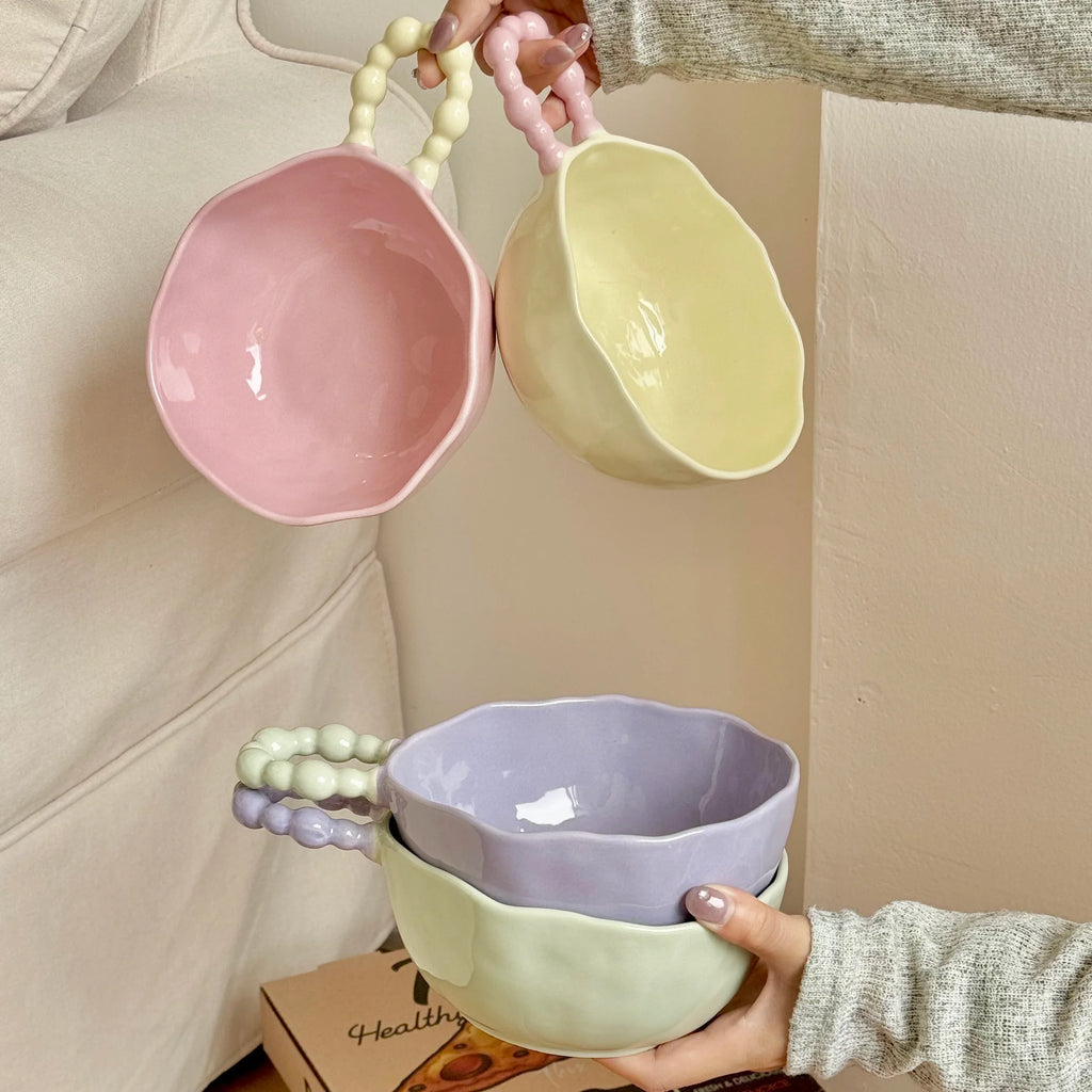 High Beauty Ceramic Instant Noodle Bowl with Pearl Handle Home Irregular Shape Cute Yogurt Bowls Fruit Dessert Tableware