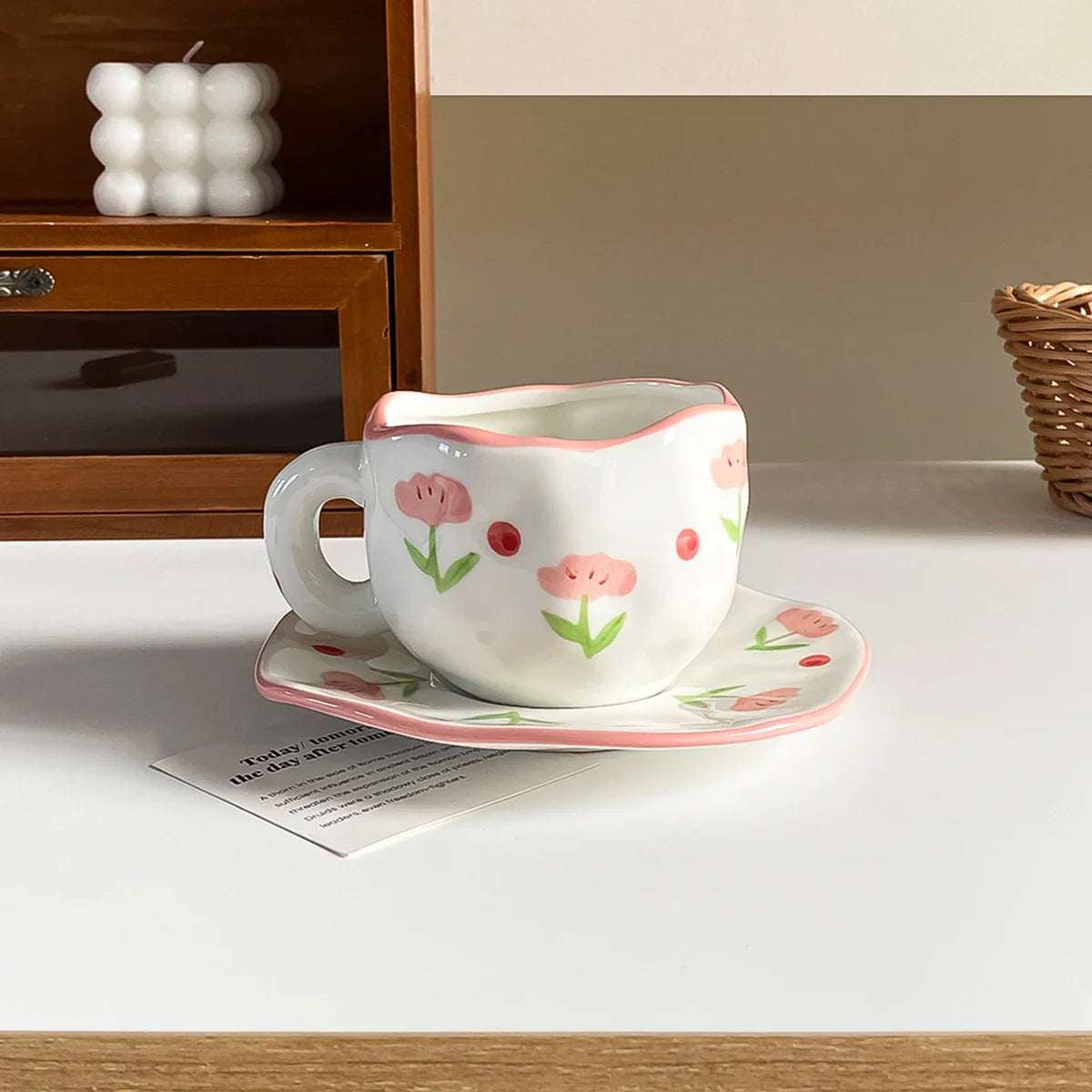 Hand-Kneaded Ceramic Cup and Saucer Multi-Color Plaid Heart Blue Sky and White Clouds Flower Mug Suitable for Afternoon Tea