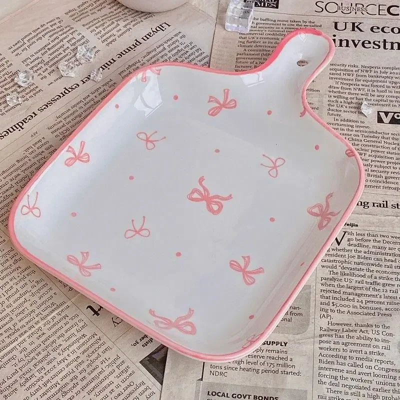 Pink Bow Ceramic Cutlery Set, Home Tableware Ceramic Handle Bowl Yogurt Cup High Value Breakfast Plate Drinkware