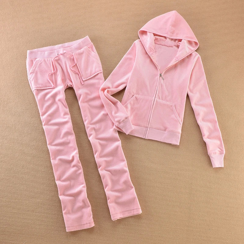Solid Color Velvet Tracksuit For Women Two Piece Spring Women's Sweatshirt and Trousers Set