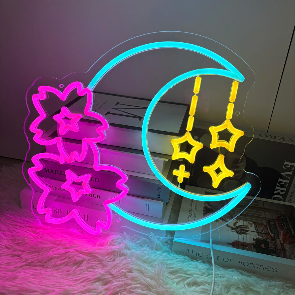 Sakura and Moon Neon Sign, Cherry Blossom