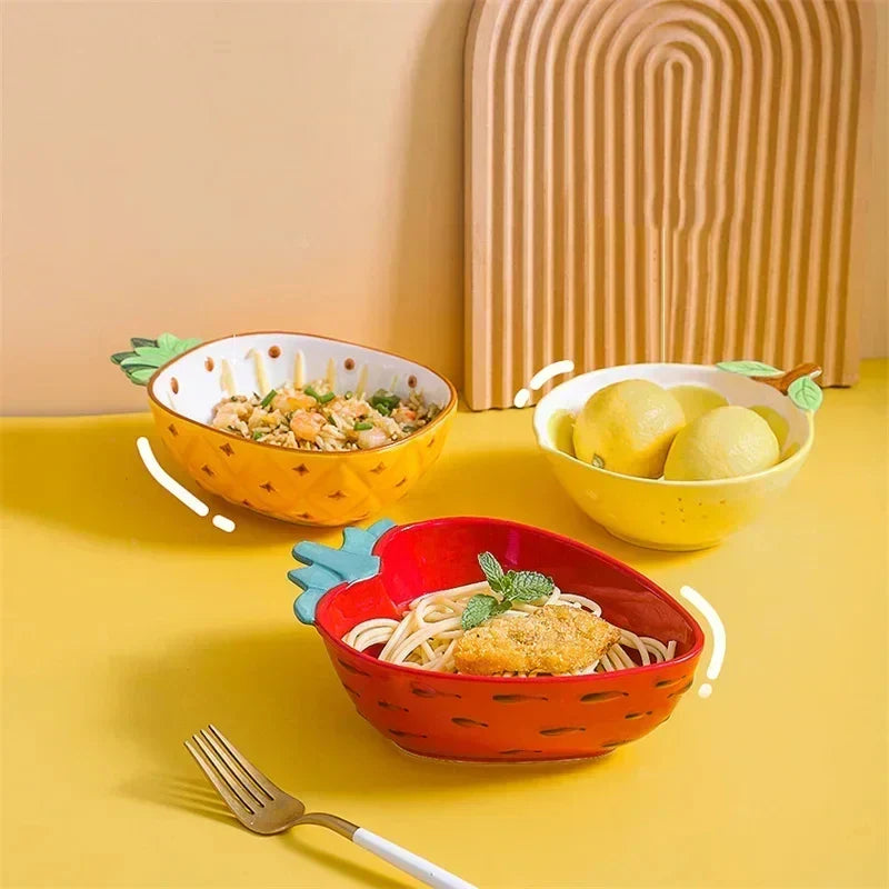 Hand Painted Fruit Shape Cute Fruit Salad Plate Creative Ceramic Bowl Pineapple Strawberry Lemon Ceramic Cutlery