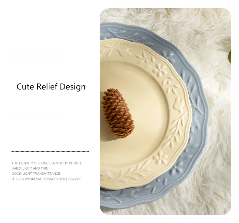 Glossy Solid Ceramic Serving Plate Floral Print Cute Bowl Versatile Dishes Simple Kitchen Tablewares