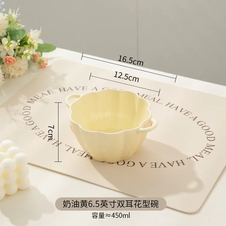 Strawberry Double Ear Ceramic Bowl,Cream 6.5-inch 9.5-inch Soup Bowl with Handle Home