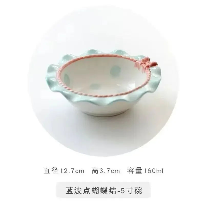 Heart-shaped Bow Wavy Edge Ceramic Dinnerware Set Ideal Cake Presentation,  Princess Pastry Platter, Lace-edged Rice Bowls