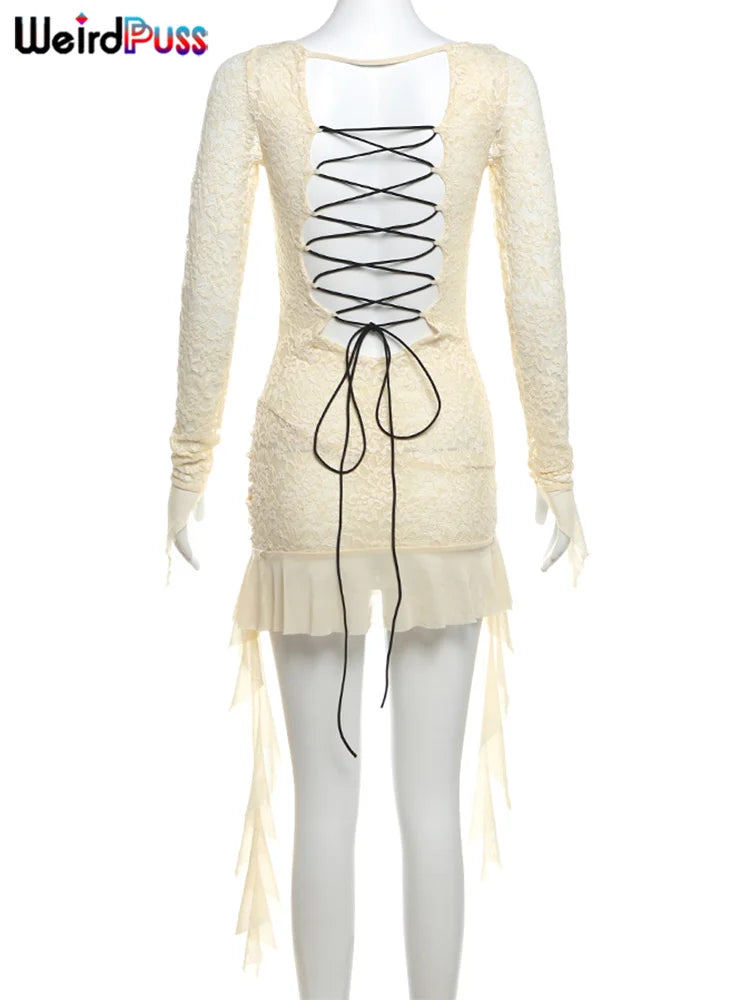 Lace Patchwork Dress Woman Sexy See Through Bandage Backless Ruffles Long Sleeve Irregular Hem Skinny Bodycon