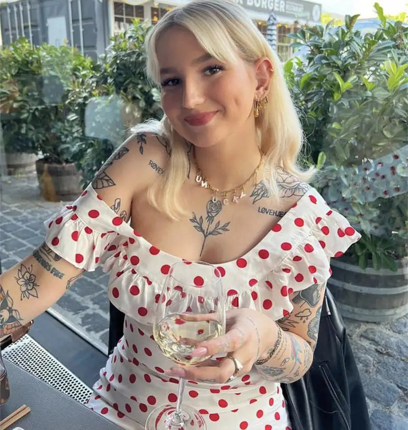 French Daisy Vintage Girl Silk Polka Dots U Neck V Back Sexy Summer Women Long Dress