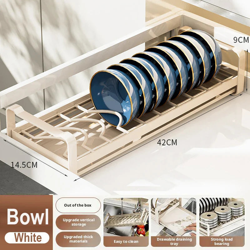Pull Out Cabinet Dish Storage Rack Stainless Steel Plate Drain Stand Holder Kitchen Drawer Built-in Bowl Rack Basket Organizer