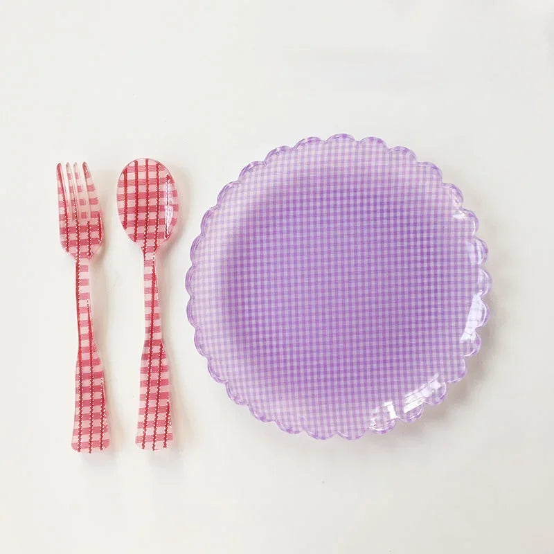 Plastic Dessert Tray Acrylic Cake Dish Grid Pattern Spork Floral Plates with Spoon & Fork