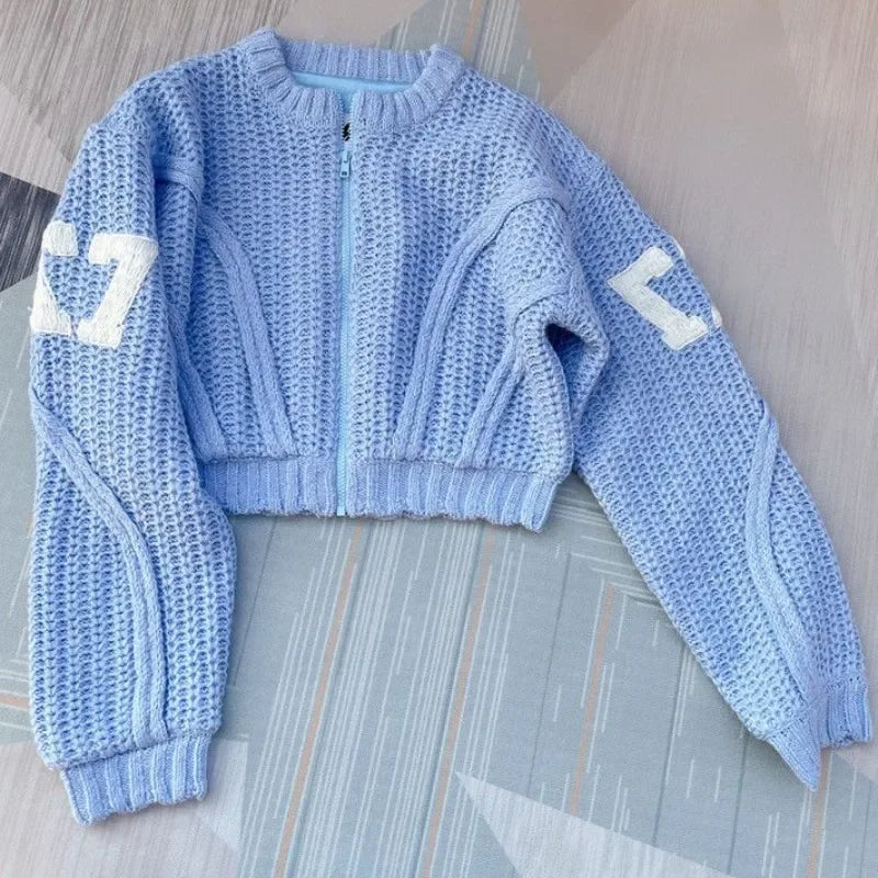 Knitted Clothing 2 Piece Womens Outfits Roupas Femme Zipper Letter Cropped Cardigan High Waist Casual Shorts Suit Set