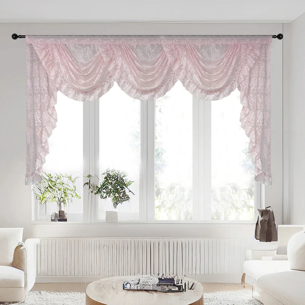 Pink Flower Ripple Curtain Head for Living Room Sheer Lace Valance Girls Princess Home Decoration