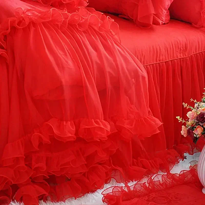 Pink Jacquard Satin Bedspread Bedding Set Luxury Princess Wedding Bed Set Lace Ruffle Duvet Cover Bed Skirt Pillowcases Cotton