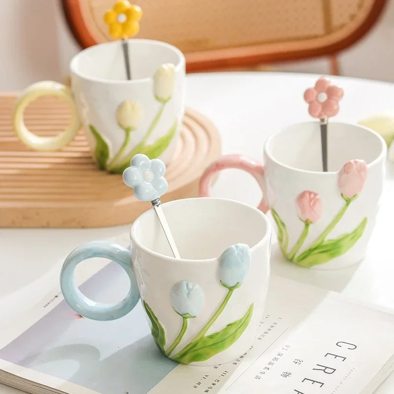 Tulip Flower Ceramic Mug Three-dimensional Design Creative Girl Heart Cup