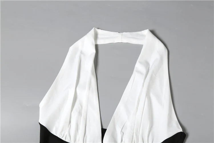 Contrast Patchwork Women Halter Low-Neck Backless Ruched Ruffles Hem Elegant Long Body-con Dress