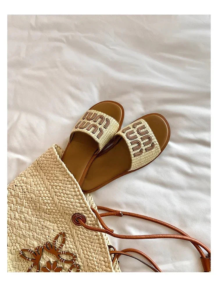 Vintage Woven Women's Sandals Fashion Letter Woven Flat Slippers