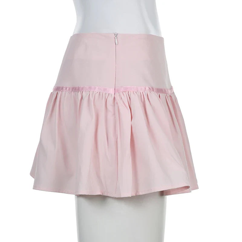 Hot-sweet Pink Spliced Summer Mini Skirt Bow Fashion Cute Folds A-Line Women Skirts Coquette Clothes