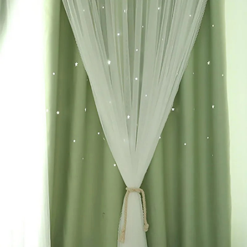 Double-Deck Princess Curtains for Living Room Hollow Stars Lace Curtain for Bedroom Shade Curtain Tulle Cloth