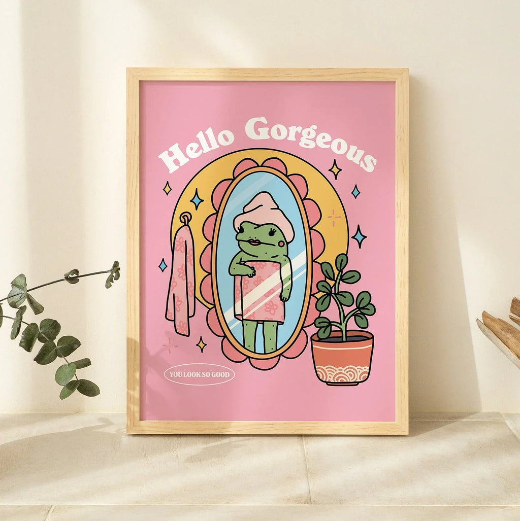 Girly Frog Self Love Wall Print, Positivity Hello Gorgeous Quote, Pink Retro Posters