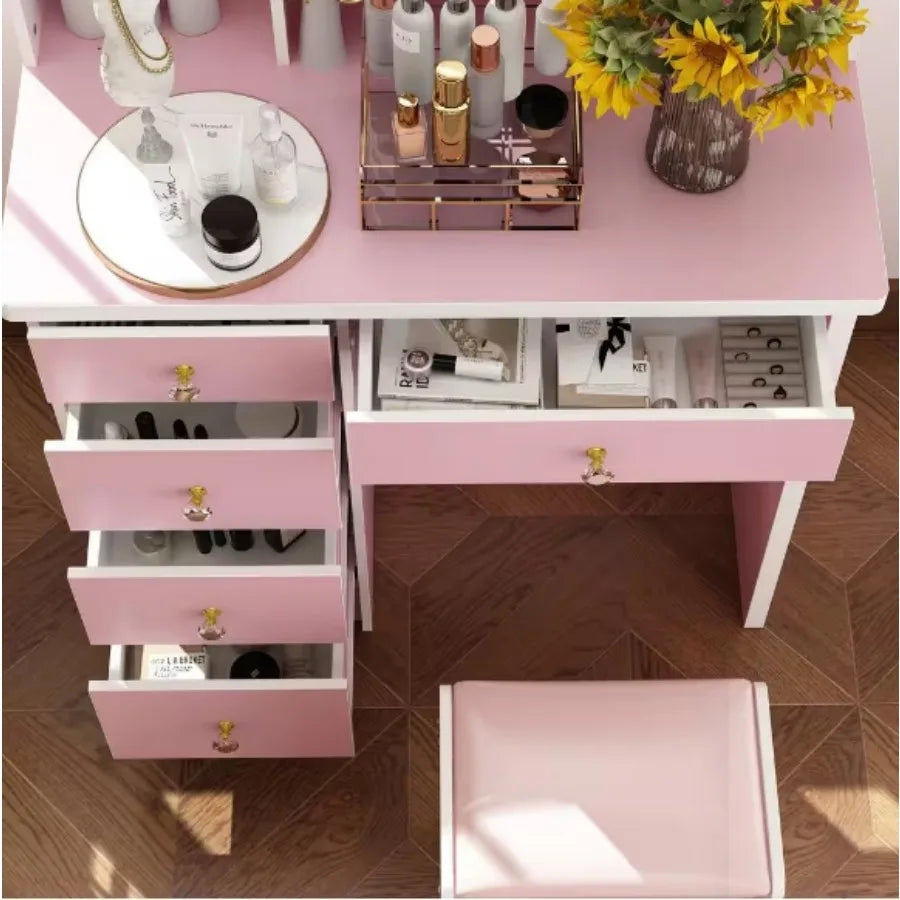 Pink 5-Drawers Makeup Vanity Dressing Table Set with Stool, Mirror and Storage Shelves Girls Dressing Table