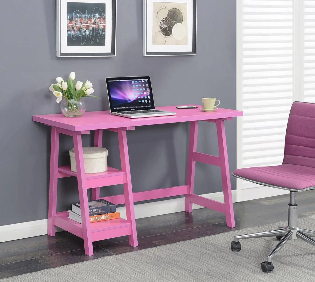 Pink Trestle Desk With Shelves, 47"