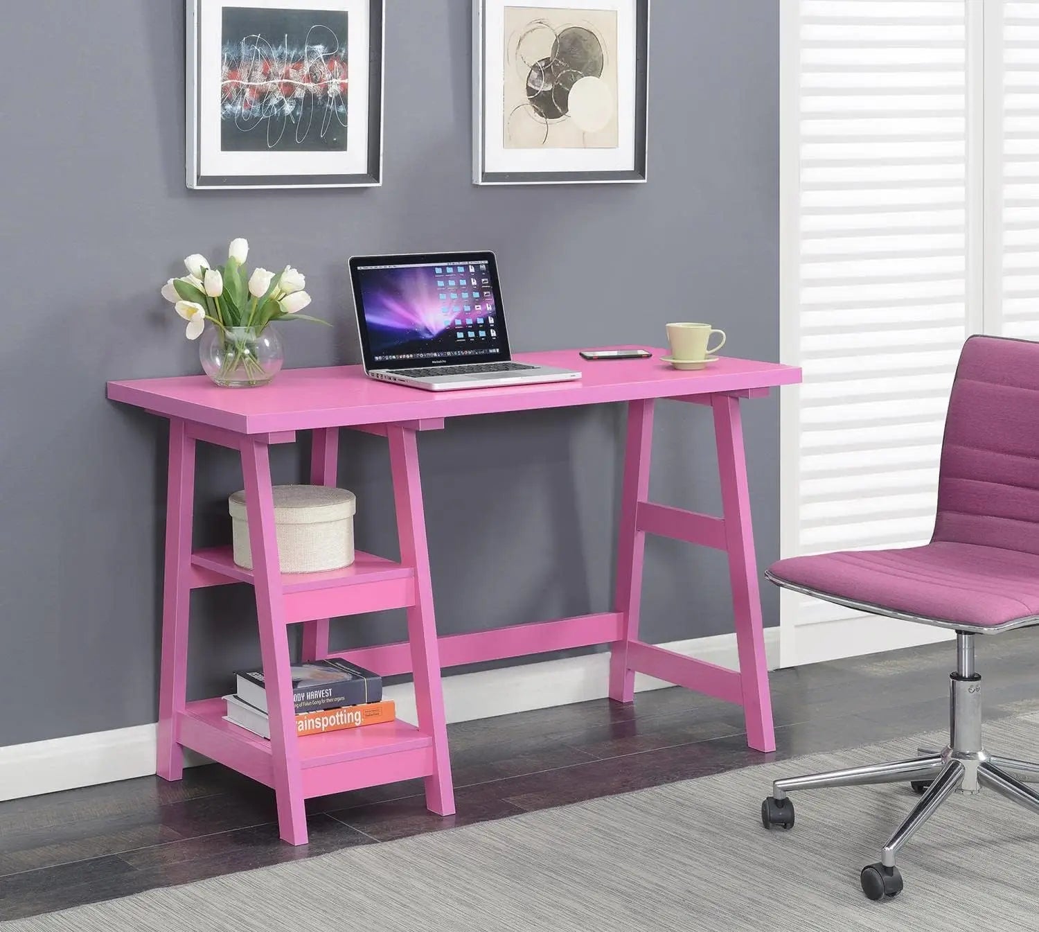 Pink Trestle Desk With Shelves, 47"