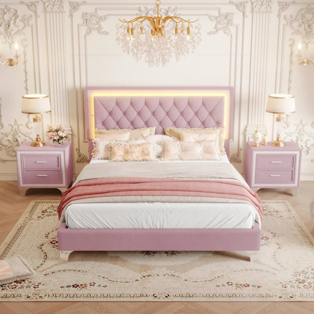 Three -Piece Upholstered Platform Bed Set with LED Lights and Nightstands Pink Velvet Foam-Filled Elegance & Ambiance Easy