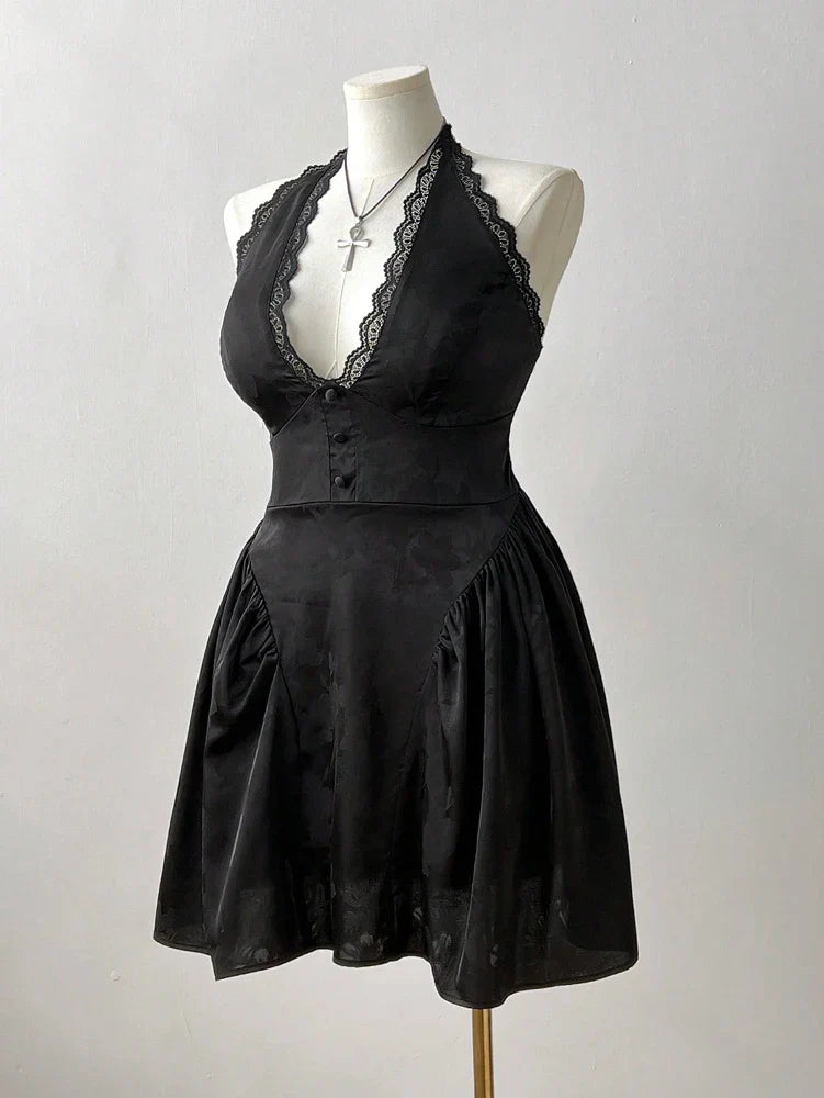 Plus Size New French Jacquard Neck Sexy Dress Solid Color V-Neck Lace Lace Back Cutout Polyester Material