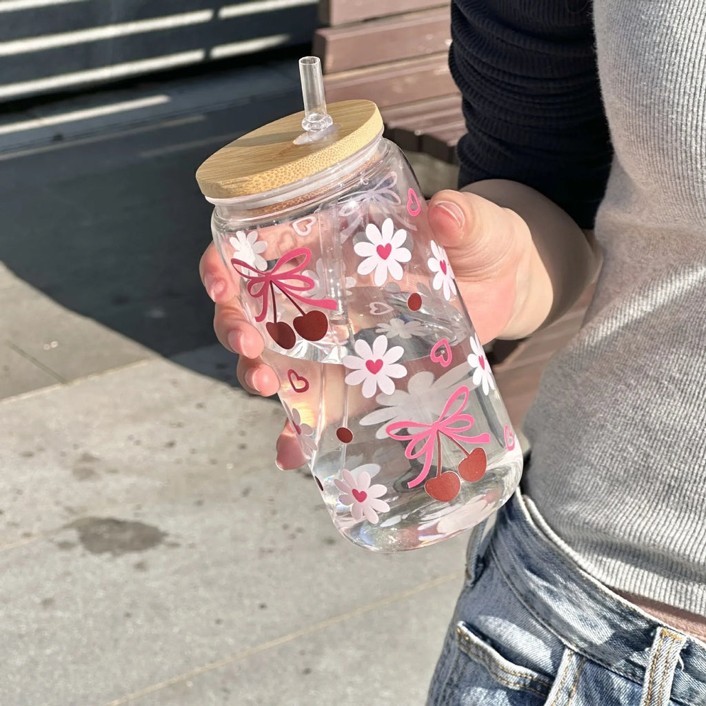 Cute Bow Glass Cup Tumbler Mason Jar Shaped With Lids & Straw