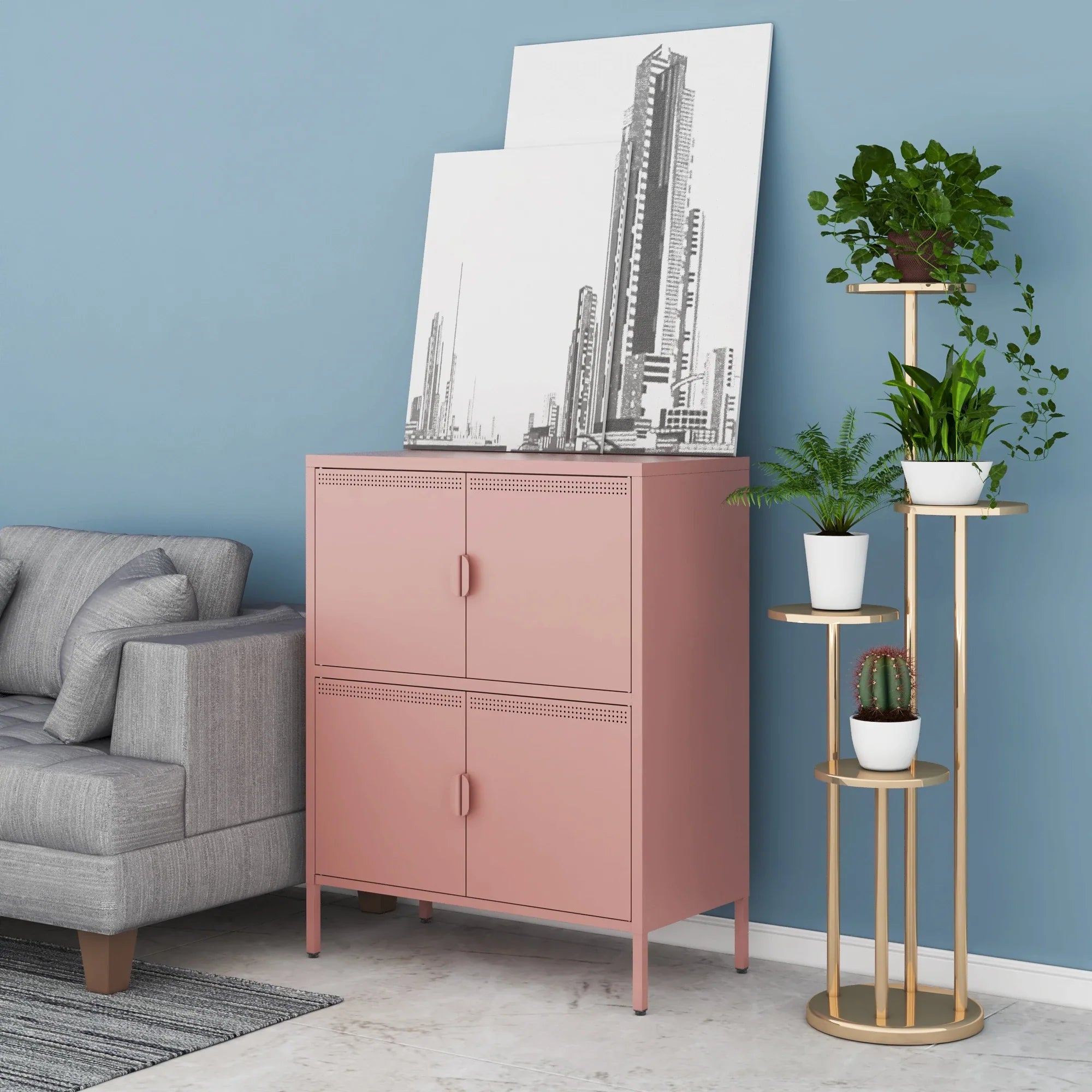 Metal Locker Storage Cabinet with 4 Doors, Metal Cabinet,Locker Dresser Cabinet for Home Office (Pink)