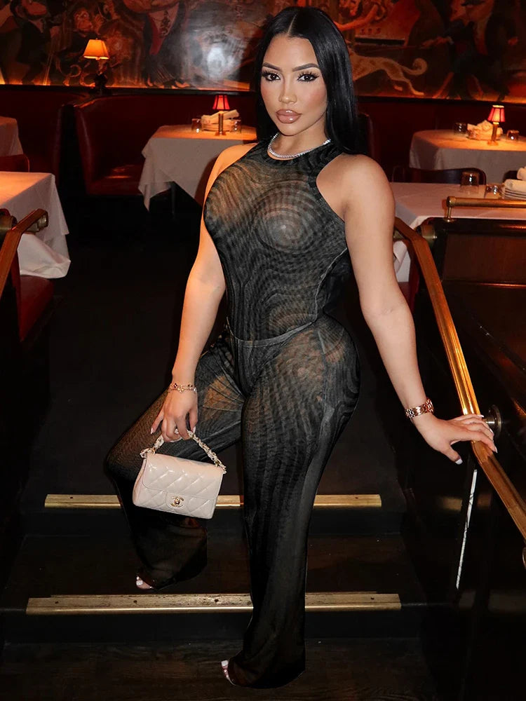 Geometric Print Patchwork 2 Piece Set Women o-Neck Skinny Bodysuit+Wide-leg Trousers Sexy Outfits