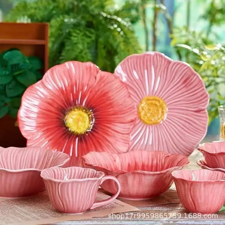Ceramic Flower Serving Plate Cake Dessert Plate Flower Ceramic Bowl Tableware Set Dining Table
