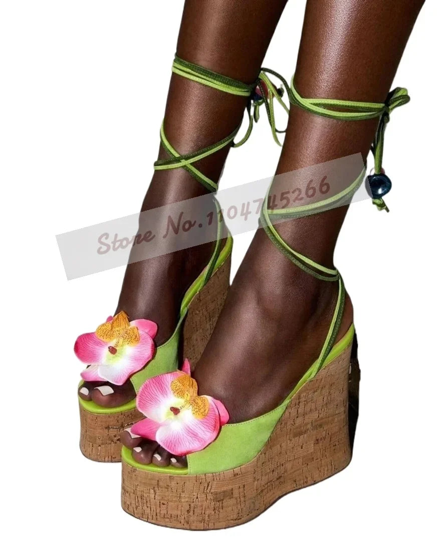 Ladies Cork Platform Pink Flower Sandals Wooden Wedged Heel Pink Blossom Dress Shoes Lace-Up Slingback Pumps