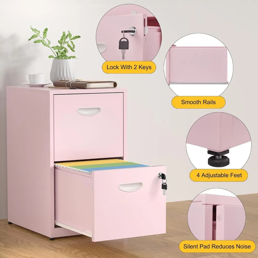 Pink 2 Drawer File Cabinet with Lock, Metal Office Drawers Filing Cabinet for Home Office, Filings Cabinets