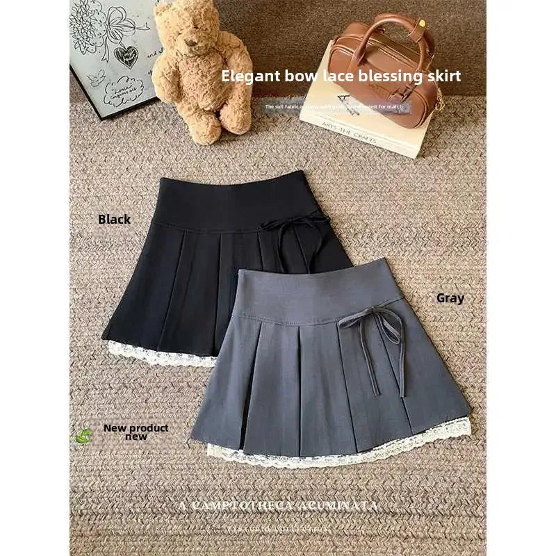 Plus Size Plus Size Women's Korean College Style Skirt with Butterfly Knot Lace Splicing A- Line Mini Skirt Half-length Skirt