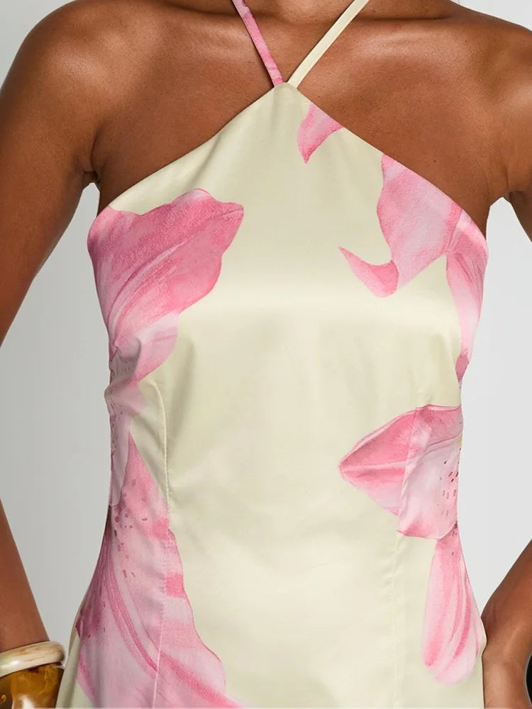 Halter Contrast Print Lace Up Fashion Slim Mini Dress A-line Dress