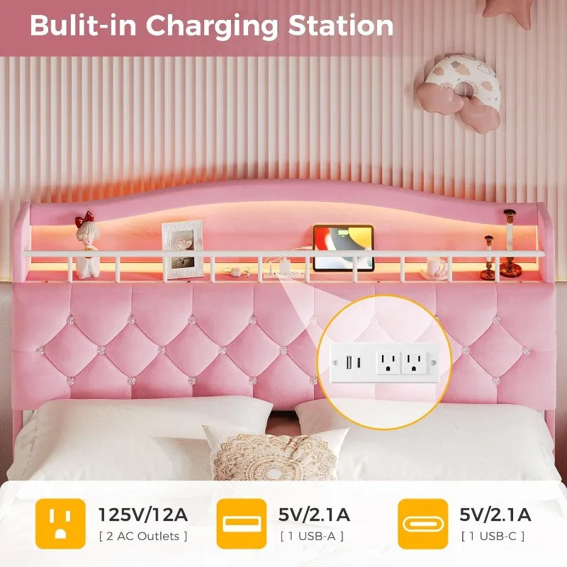 Pink Full Size Girls Bed with LED Lights & Charging Station, Princess Full Size Bed Frame with Hidden Storage Headboard
