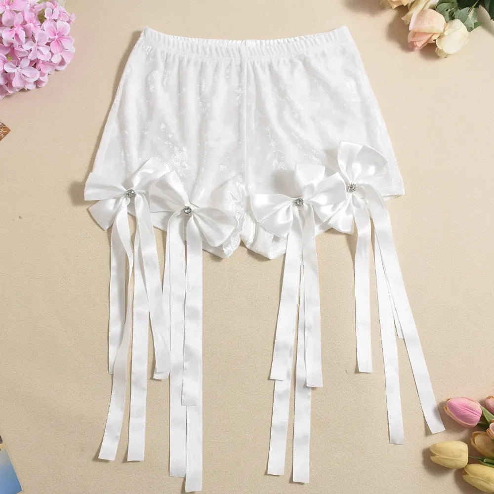 Women's Set Bow O-Neck Mesh Long Sleeve Tops + Velvet Shorts Sexy Two 2 Piece Outfit