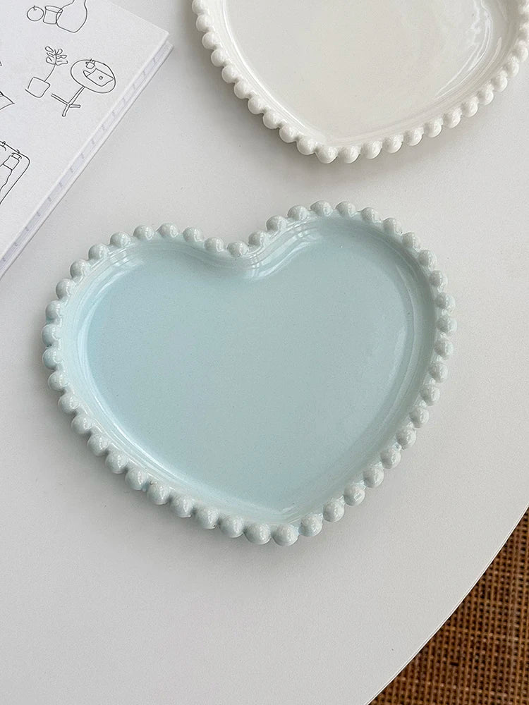 Porcelain Red Pink Bead Dots Ceramic Heart Dinner Plate Tableware