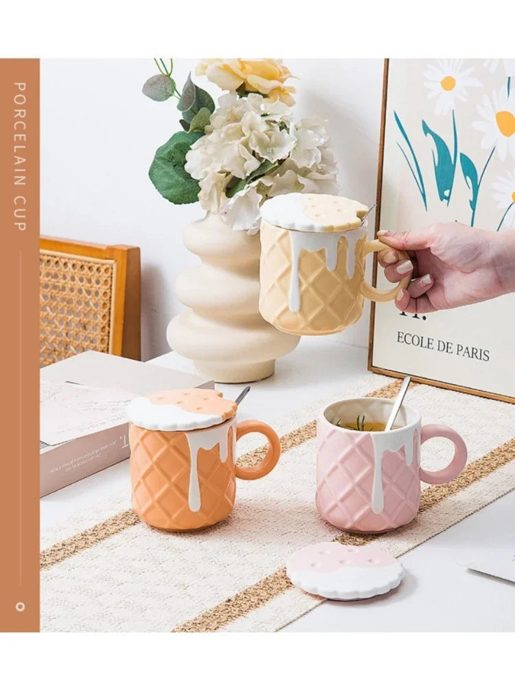 Kawaii Biscuit Pattern With Lid And Spoon Ceramic Cups Cute Cup Drinkware