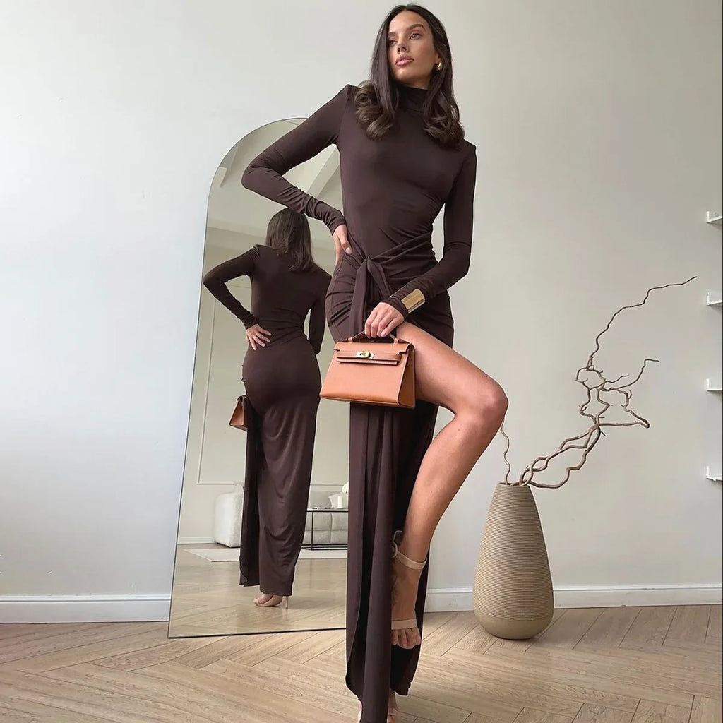 Pleated Bandage Long High Waist Slim Patchwork Long Sleeve Elegant Women's Maxi Dress