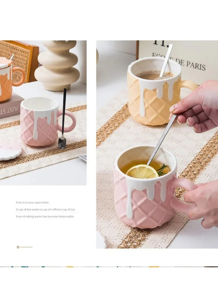 Kawaii Biscuit Pattern With Lid And Spoon Ceramic Cups Cute Cup Drinkware