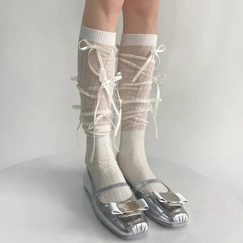 Sweet Lolita Style Stockings Students Fashion Basic Bowknot Knee-high Socks Cotton Fabric Women Mid-calf Sock