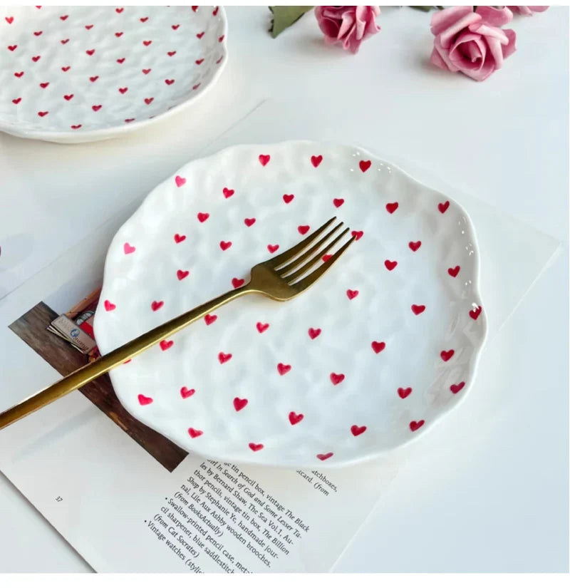 Red Hearts Ceramic Hand-Made Irregular Shaped Porcelain Plates
