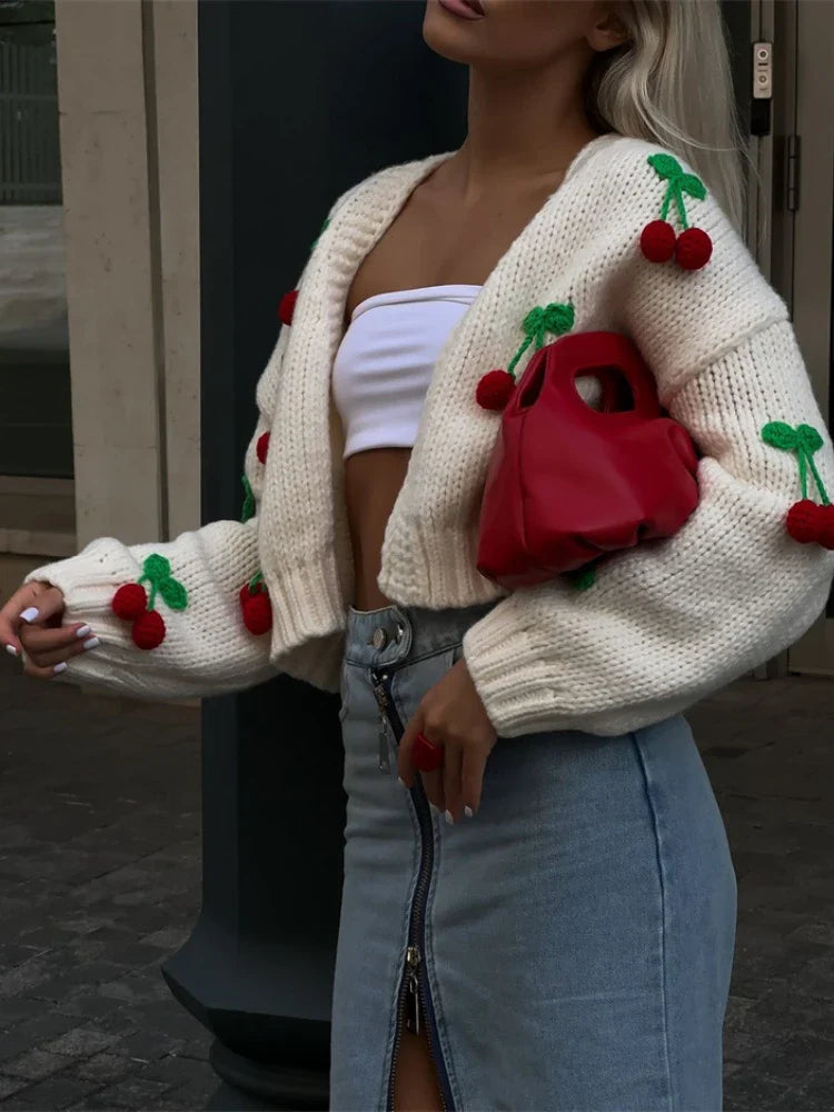 Knitted Cherry Sweaters Cardigan Long Sleeve Top Christmas Sweet Fairy Grunge Sweater Streetwear