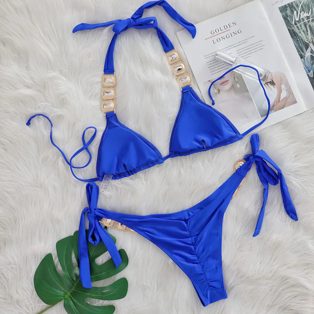 Sexy Rhinestone Bikini Set Women Luxury Pink Crystal Diamond Push Up Bandage Thong Swimsuit